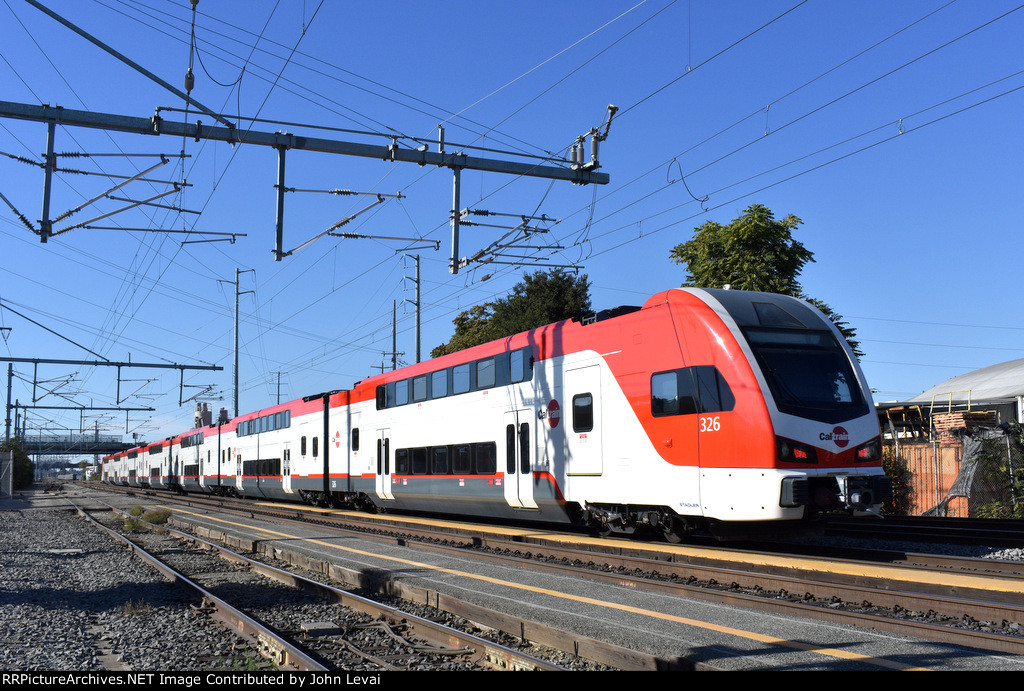 Caltrain Stadler MU Set heading away from College Park Station toward San Francisco